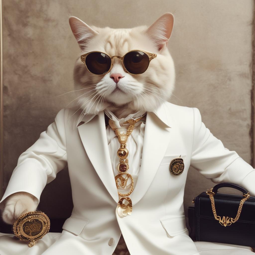 Sophisticated cat meme wearing luxury brand items